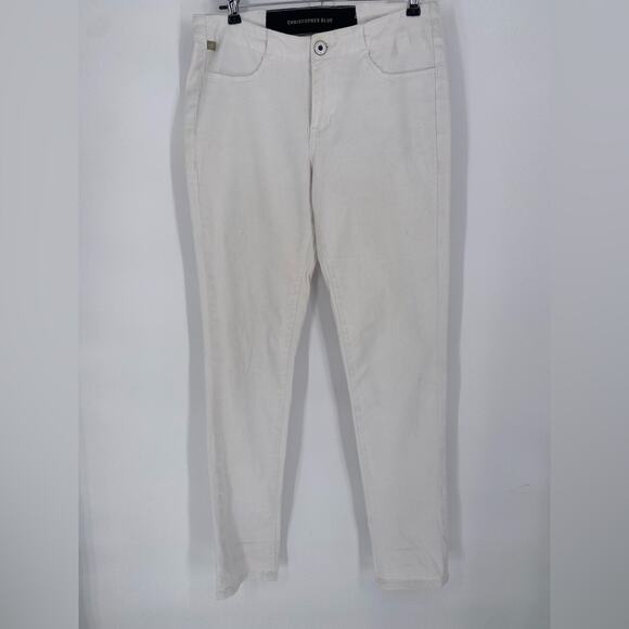 Christopher Blue White Jeans Tapered Leg Mid Rise Preppy Coastal Size 8 - Picture 1 of 10